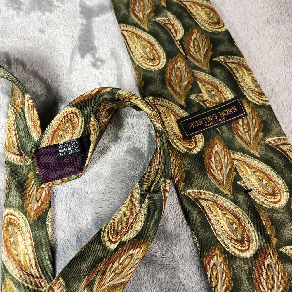 Hunting Horn Classic 100% Imported Silk Tie Made in USA Olive Gold Paisley